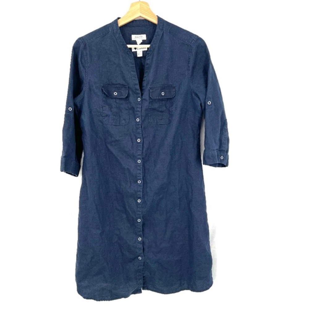 Malvin Hamburg germany navy blue linen shirt dress coastal grandma lagenlook L